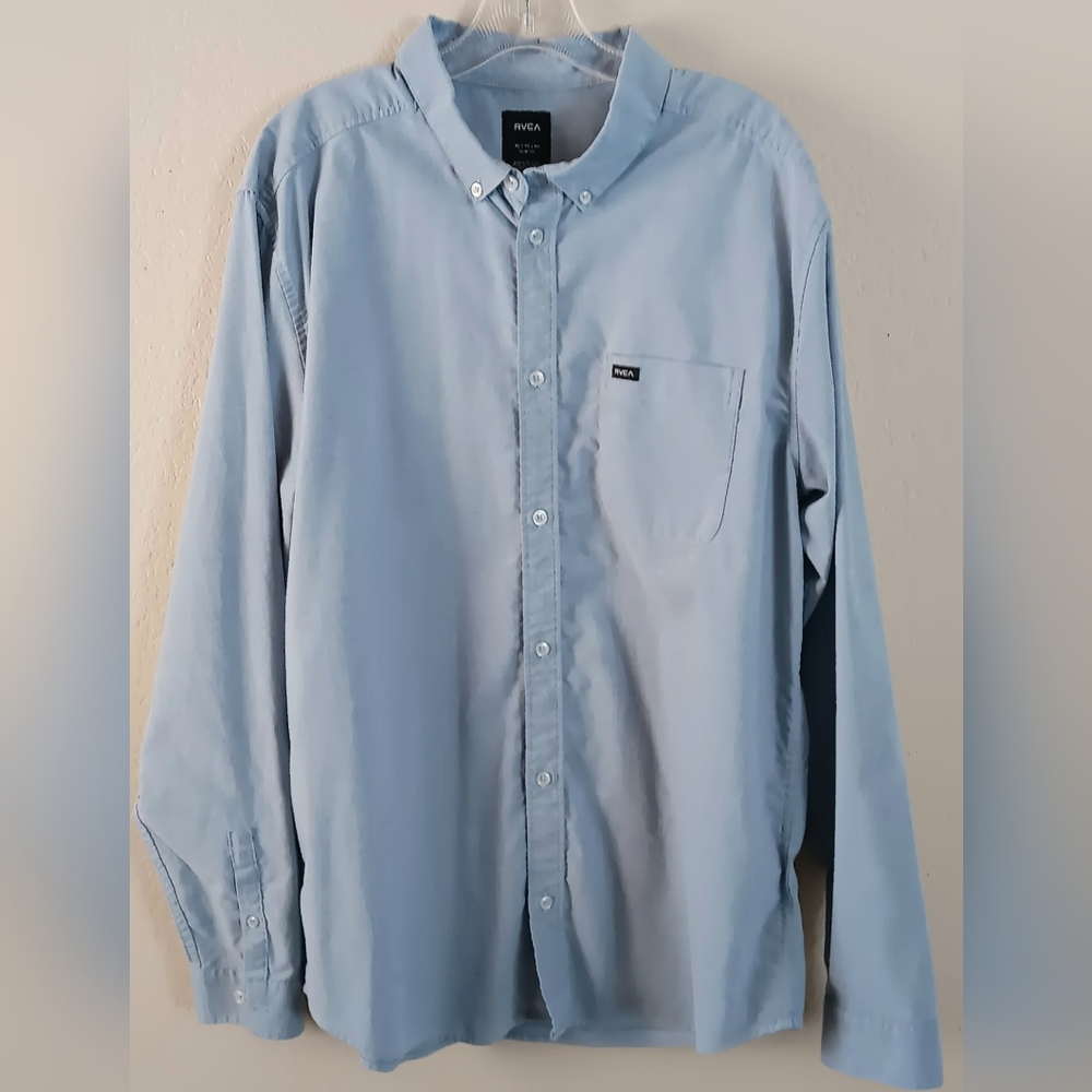 RVCA Long Sleeve Button Up Chambray Denim Blue Shirt XL Casual Fall Slim Fit